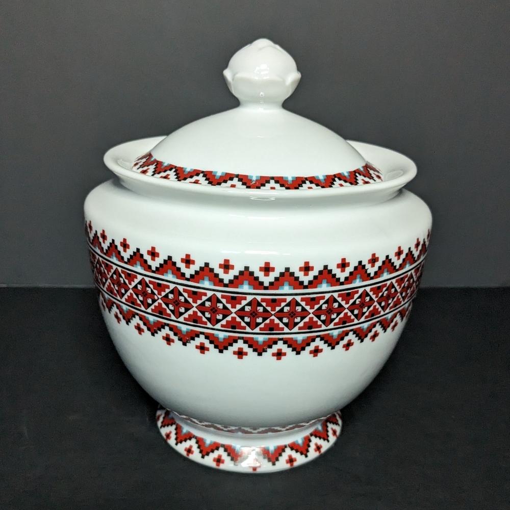 Vtg Ukrainian Art Cross Stitch Porcelain Pottery by Marusha Jar w/Lid 7.3"
